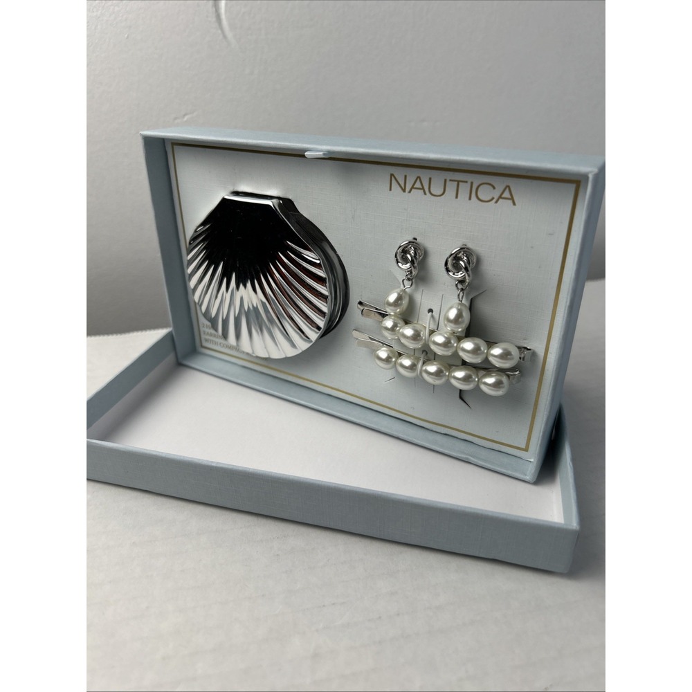 Nautica Set If Two Hair Pins,‎ Silver Pearl Earrings And A Silver Compact Mirror